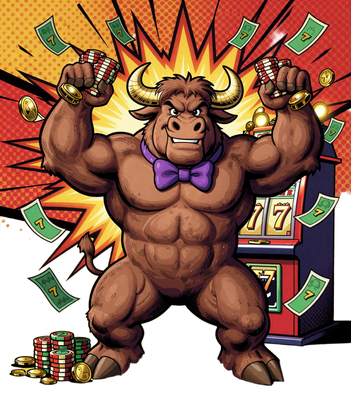 Bizzo Casino Bison Maskottchen gewinnt den Jackpot mit Goldm&uuml;nzen und Casino-Chips
